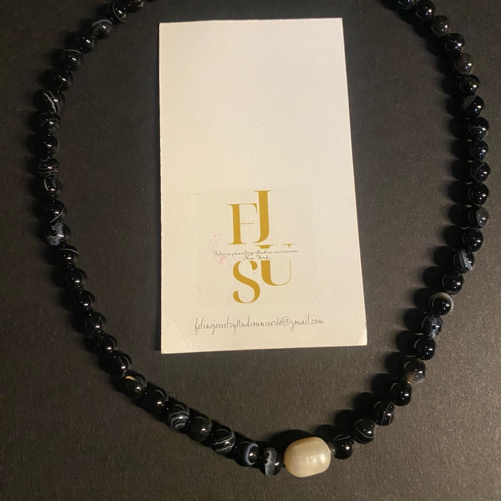 Hand Strung Chic Black Onyx and Authentic Single White Pearl Necklace